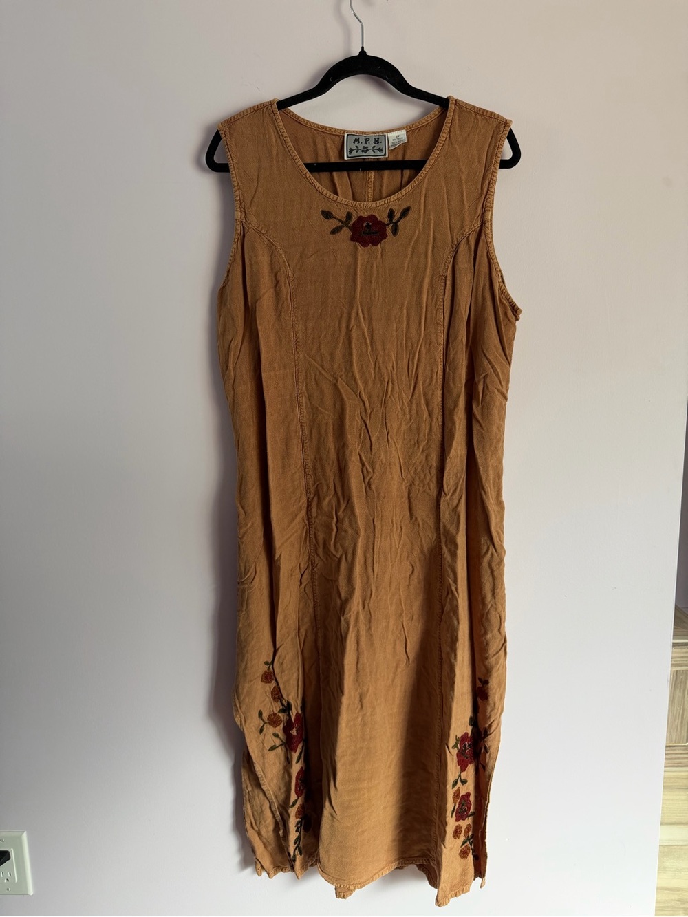 Sleeveless Embroidered Midi Dress in Camel